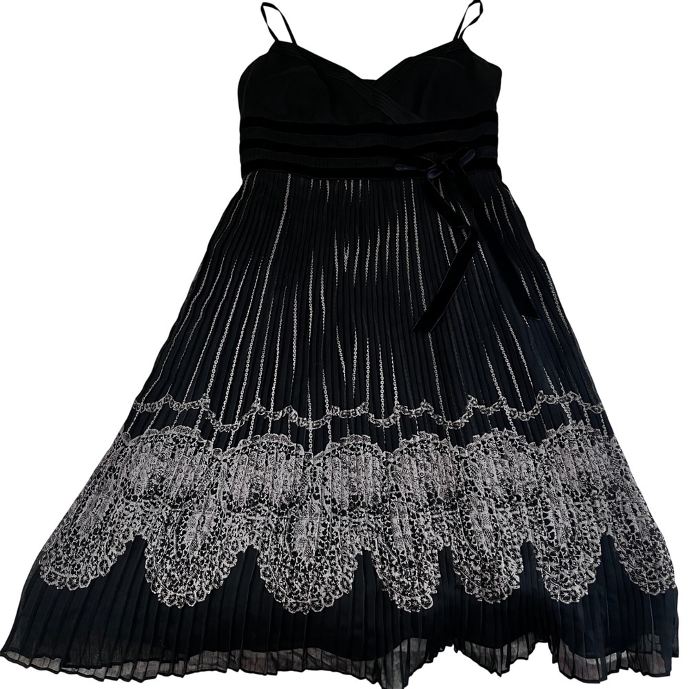 Ann Taylor Black Pleated Velvet Waist Babydoll Midi Dress 10P Whimsigoth Fairy